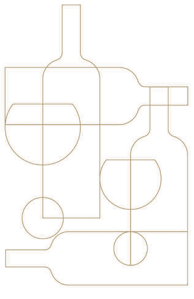 Gold line-art illustration of wine bottles and glasses